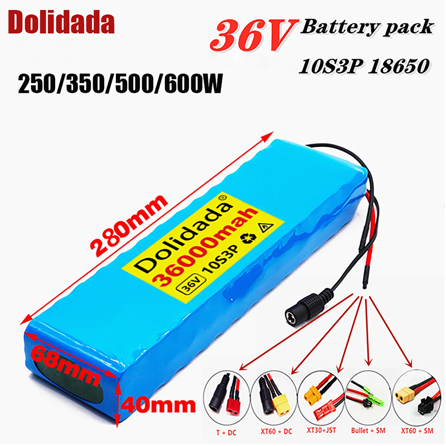 

Dolidada 36V 36Ah 18650 Rechargeable Lithium Battery Pack 10S3P 600W Power Modified Bicycle Scooter Electric Vehicle with BMS