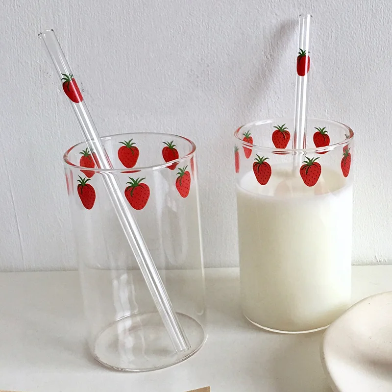 

300 ML High Borosilicate Nana Cute Strawberry Water Milk Drinking Glasses Cup with Straw Upgrade Thickened Version Gift