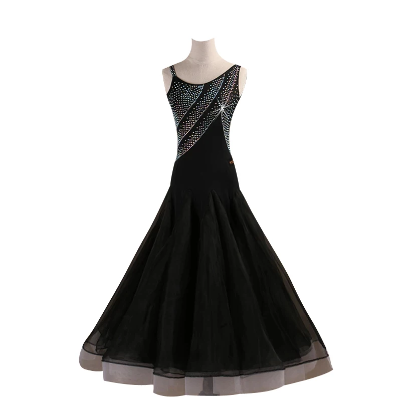 Женское платье для бальных танцев черное без рукавов со стразами танго вальса |
