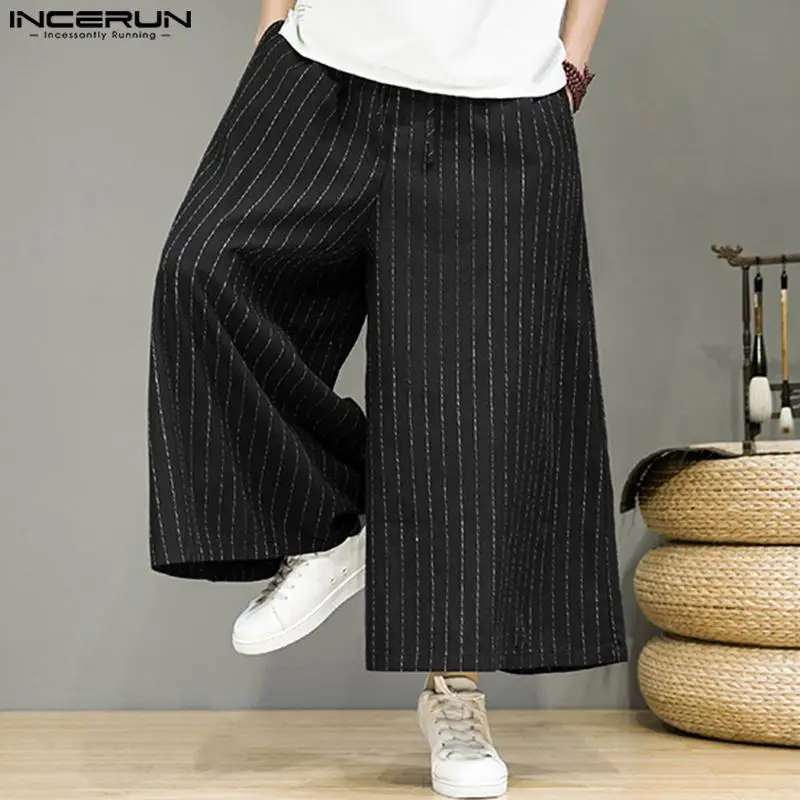 INCERUN 2023 Men Striped Pants Drawstring Joggers Loose Streetwear Pockets Wide Leg Trousers Men Vintage Casual Male Pants S-5XL