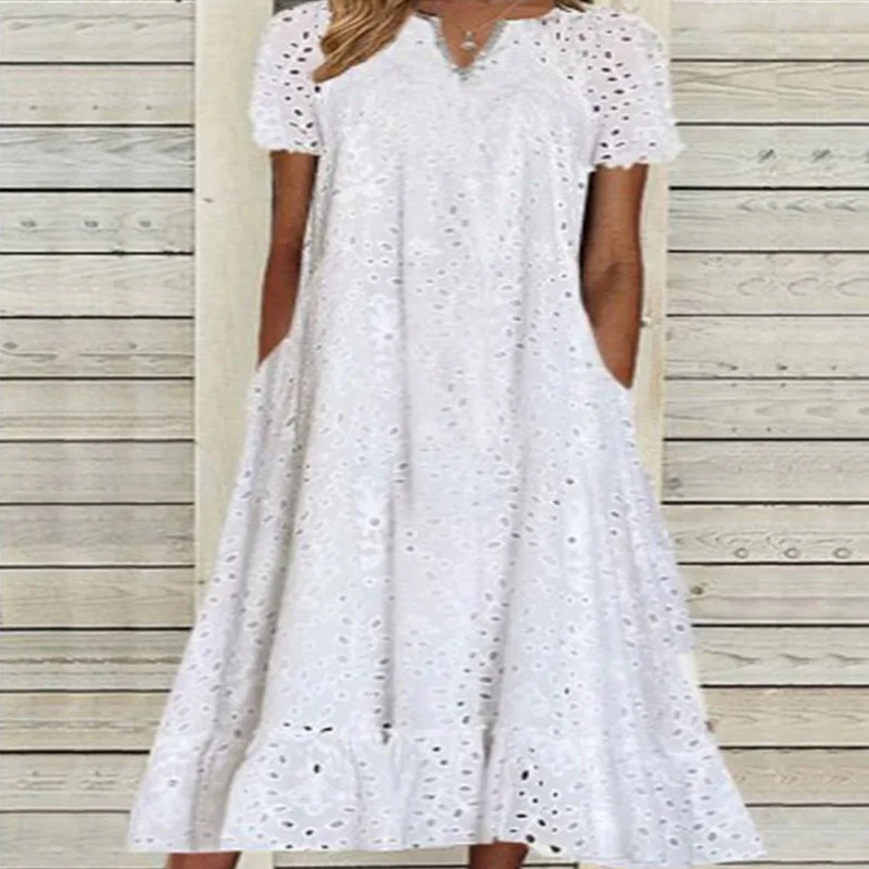 

Женское кружевное жаккардовое платье, однотонное ажурное длинное платье-трапеция с V-образным вырезом, коротким рукавом и карманами, весна-лето