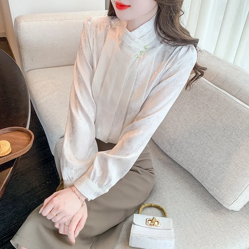 Модная женская рубашка с длинным рукавом и воротником-стойкой белая жаккардовая