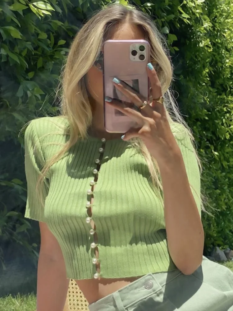 

Кроп-Топ женский тонкий, трикотажная футболка, свитер в сельском стиле, с жемчужинами, на пуговицах, в винтажном французском стиле, одежда Y2k,...