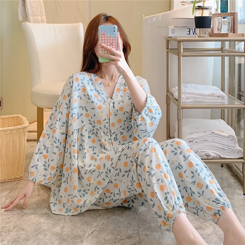 New Style Small Fragrant Wind Cardigan Pajamas Women Thin Section Home Service Cotton Silk Suit Large Size