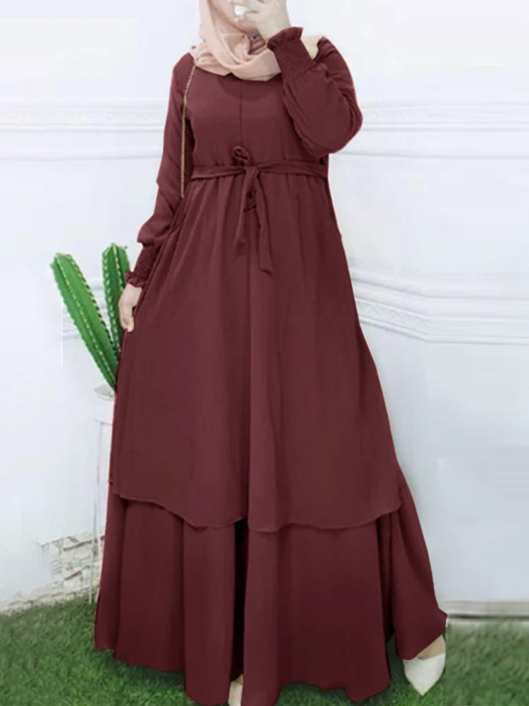 Винтажное женское Макси-платье ZANZEA с длинным рукавом, мусульманское женское турецкое платье на шнуровке, Однотонный сарафан, женское плать...