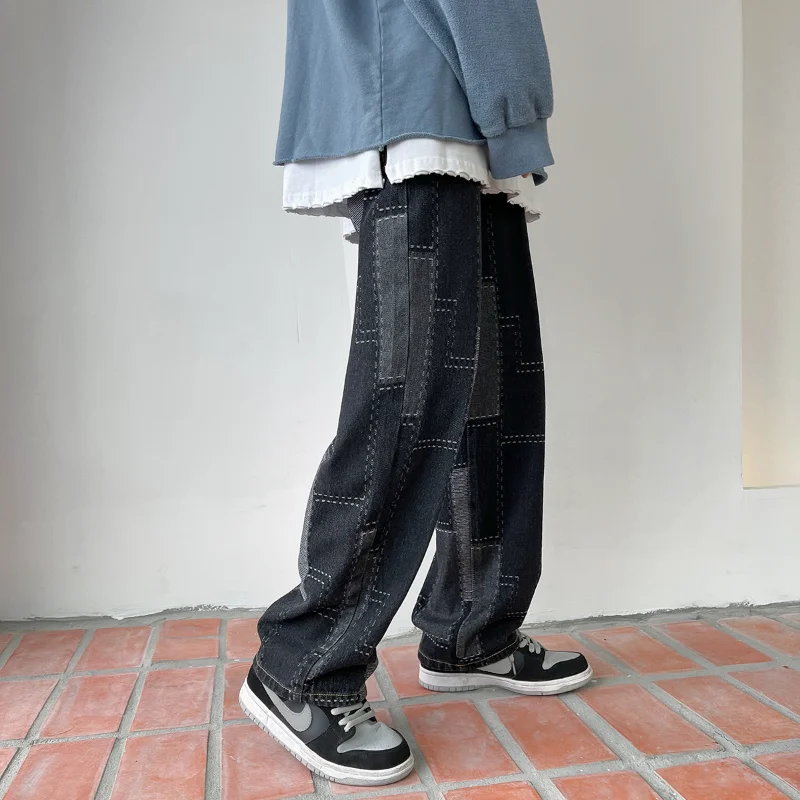 DEEPTOWN Patchwork Jeans Straight Leg Denim Trousers Male Black Blue Streetwear Fashion Pants for Men Youth Loose Casual Hip Hop