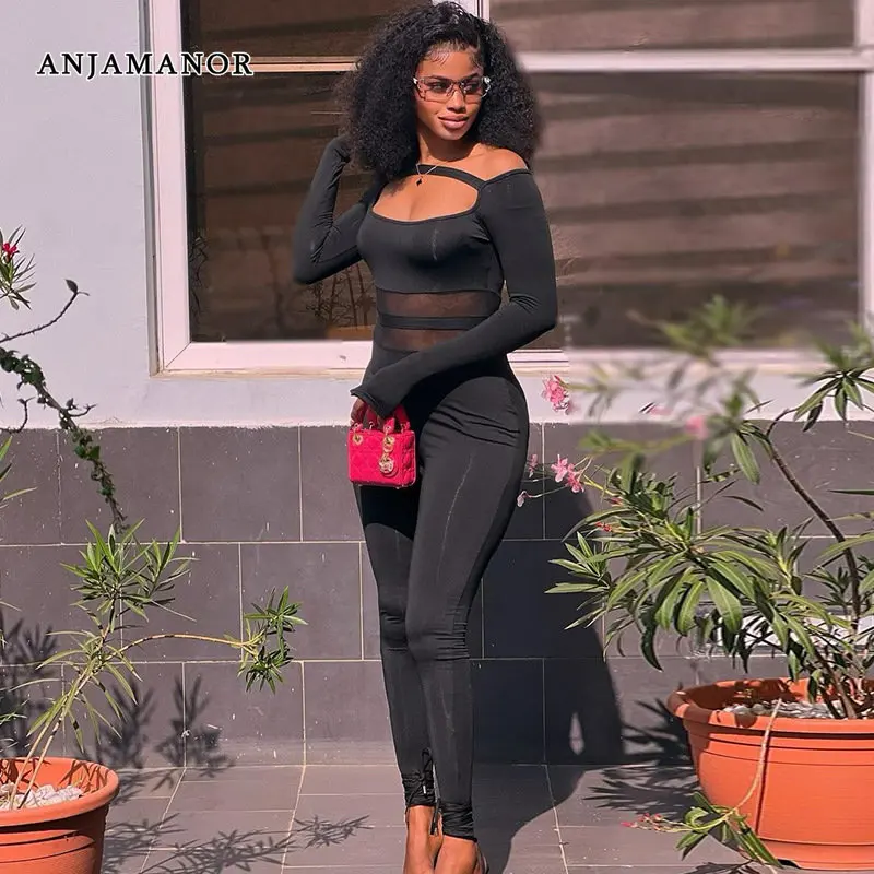

ANJAMANOR See Through Mesh Patchwork Sexy Black Jumpsuits Spring 2023 One Pieces Hollow Out Off Shoulder Bodycon Outfit D17-CH28