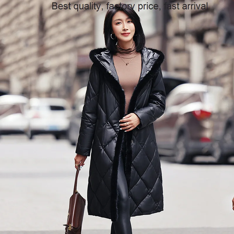 

Женская куртка из натуральной овечьей шкуры, роскошная брендовая зимняя куртка средней и длинной длины с меховым воротником и капюшоном, 2023