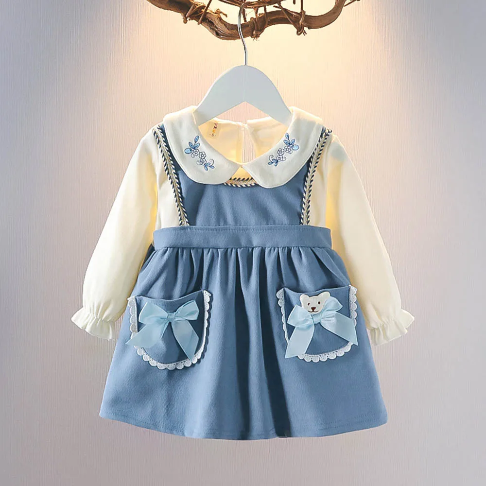 

Платья для маленьких девочек, новинка 2022, платье для девочек с бантом на весну и осень, лоскутное платье принцессы с длинными рукавами и карм...