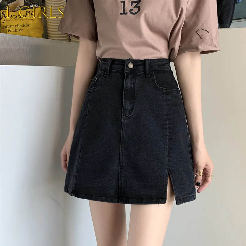 E GIRLS Skirts Women Denim Basic Black Empire A-line Korean Style Casual Chic Simple Female All Match Streetwear Summer Design