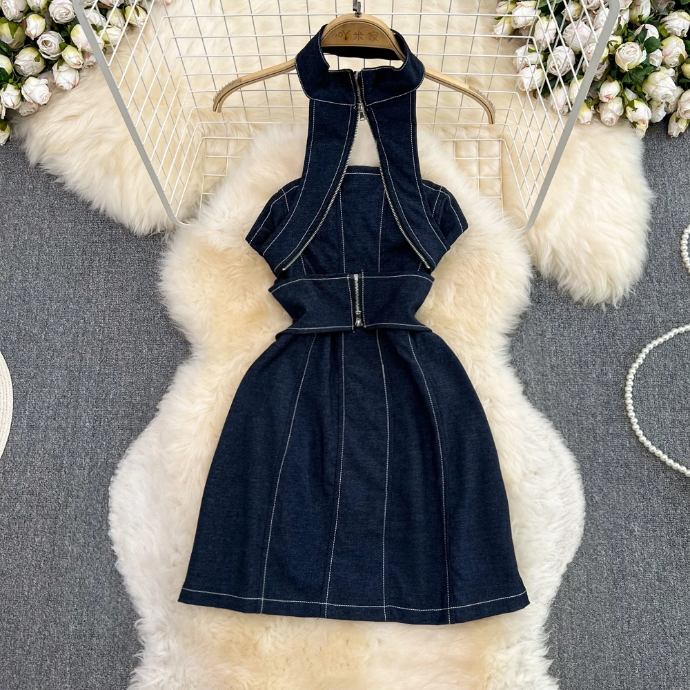 

Amolapha женское сексуальное обтягивающее ТРАПЕЦИЕВИДНОЕ джинсовое платье на молнии с открытой спиной и высокой талией