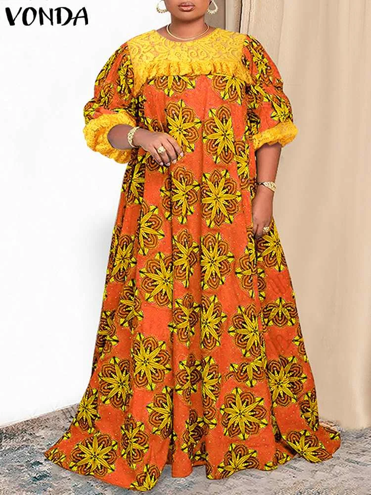 

Длинное платье VONDA в богемном стиле с цветочным принтом, лето 2023, женский Макси Сарафан с рукавами-фонариками, повседневный свободный кружевной пэчворк, праздничный Халат