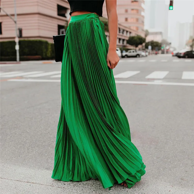 

Pleated Chiffon High Waist Women's Maxi Skirts Floor Length Solid Long Skirt Ladies 2022 Loose Green Black Pink Bottoms Female