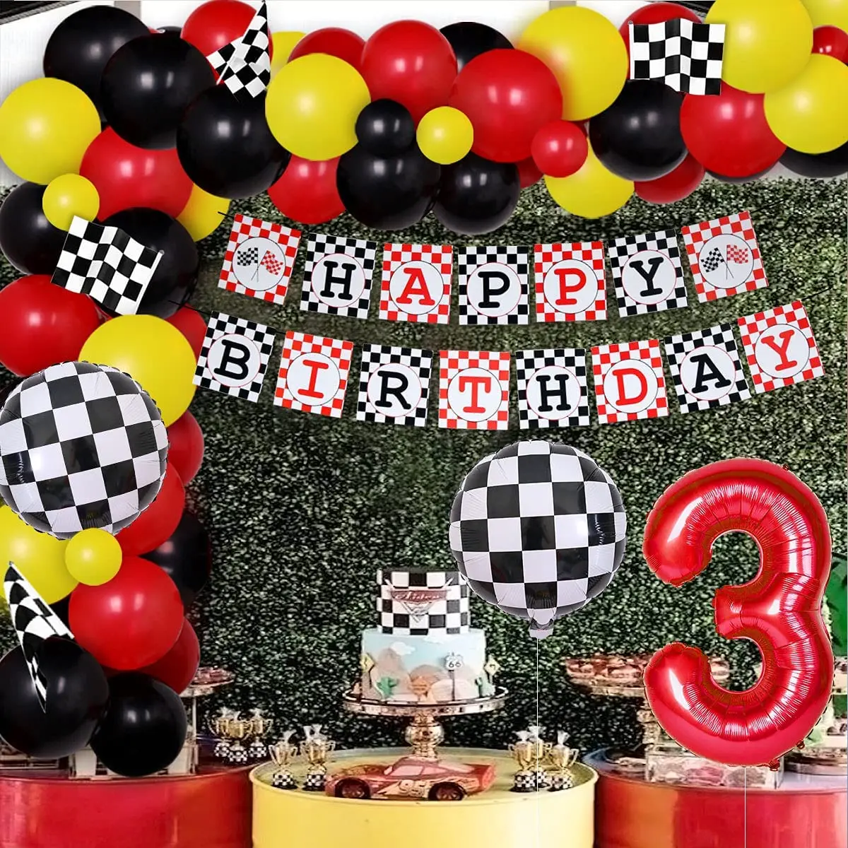 

Race Car 3rd Birthday Party Decorations for Boys Racing Car Balloon Arch Kit for Three Years Old Let’s Go Racing Party Supplies