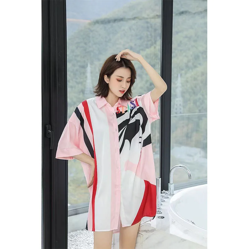 YFTNH Women's Nightdress Fashion Satin Silk Soft Stripe Printing Short Sleeve Mini Nightgown Summer Sleepwear Homewear