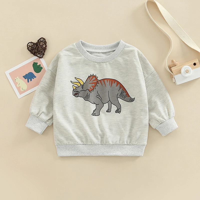 Little Boys Spring Sweatshirt, Beige Long Sleeve Dinosaur Triceratops Round Neck Pullover Autumn Winter Elastic Cuff Pullover