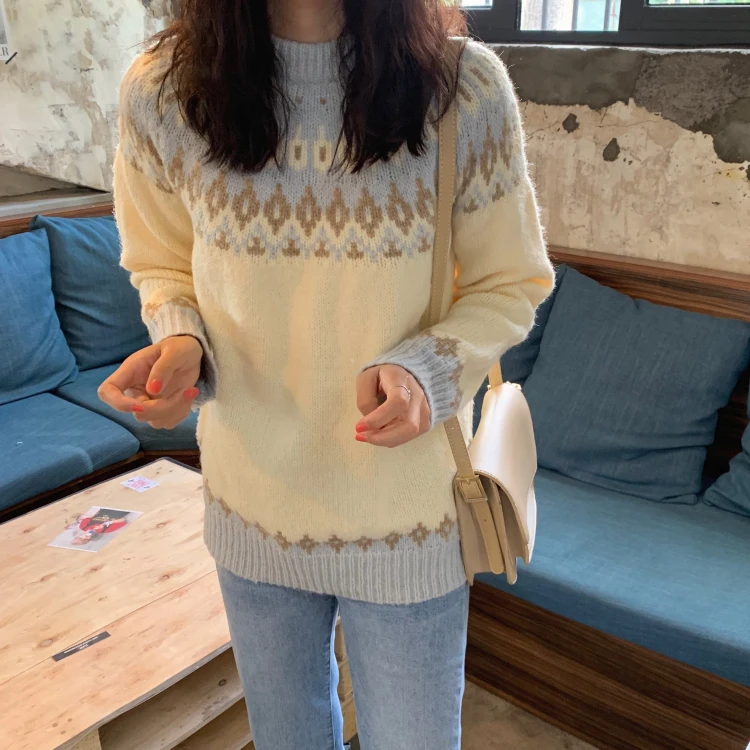 Женский винтажный пуловер с геометрическим принтом свободный Трикотажный