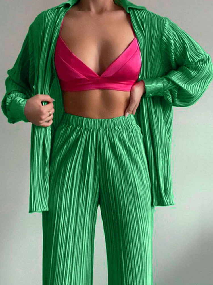 Повседневная Женская рубашка, плиссированный комплект из двух предметов, зеленые свободные брюки с высокой талией и широкими штанинами, эл...