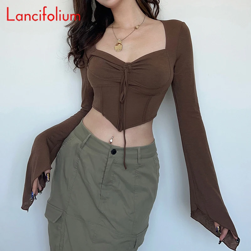 

Sexy Spring Summer Corset Crop Top Tshirts Brown Bandage Ruched Long Sleeve Vneck Knit Tee Y2k Skinny Irregular T Shirt Top 2023