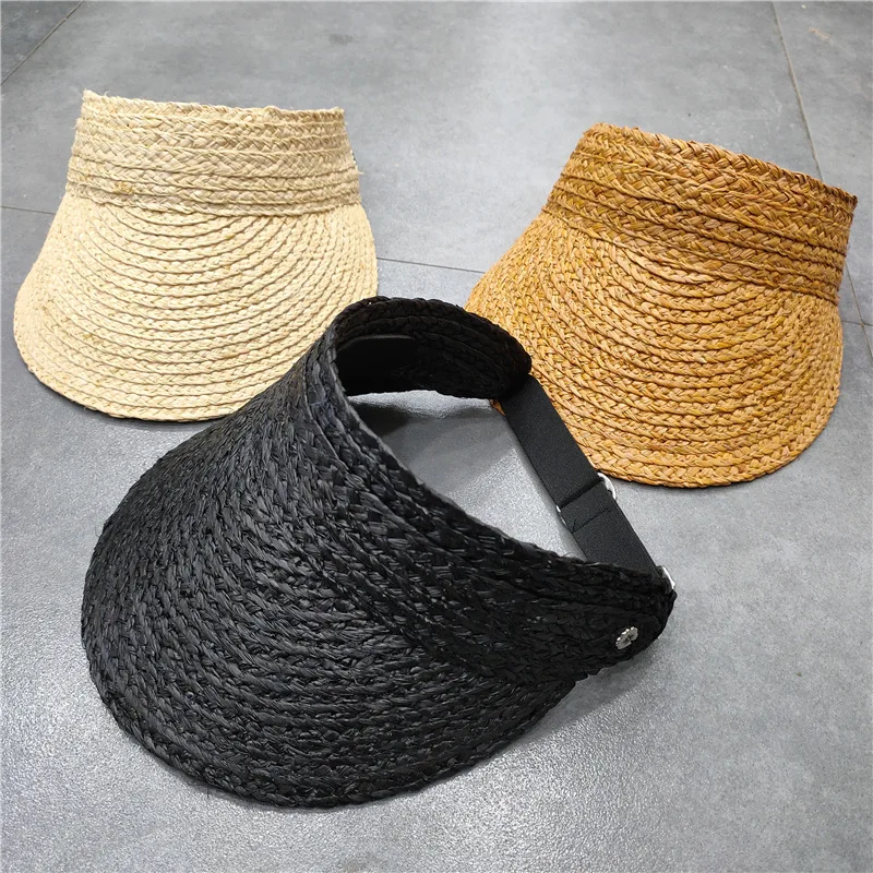 

New Fashion Wide Brim Raffia Sun Visor Hat for Women Straw Hat Ponytail Summer Beach Hat UV Packable Travel Derby Hat