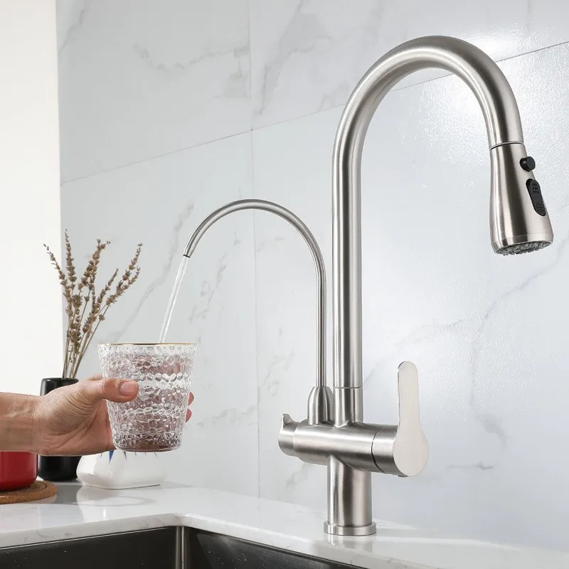 Выдвижной кухонный смеситель из нержавеющей стали 304 никель/черный двойная ручка