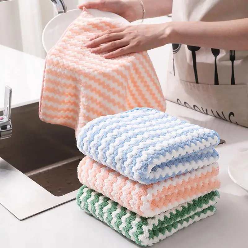 

Kitchen Dishtowels Nonstick Coral Fleece Rags Water Absorbent Thickened Dish Cloth Washable Fast Drying Household Cleaning Rags