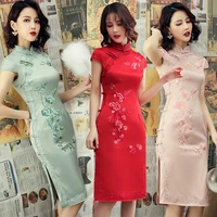 silk embroidery flower hot drill new mid length cheongsam fashion improved chinese style old shanghai dress chinese dress qipao