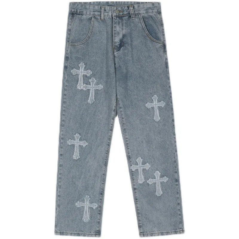 High Street Cross Patch Hip Hop Mens Jeans Trendy Brand Rascal Street Straight Tube Loose Wide Leg Long Denim Pants for Men