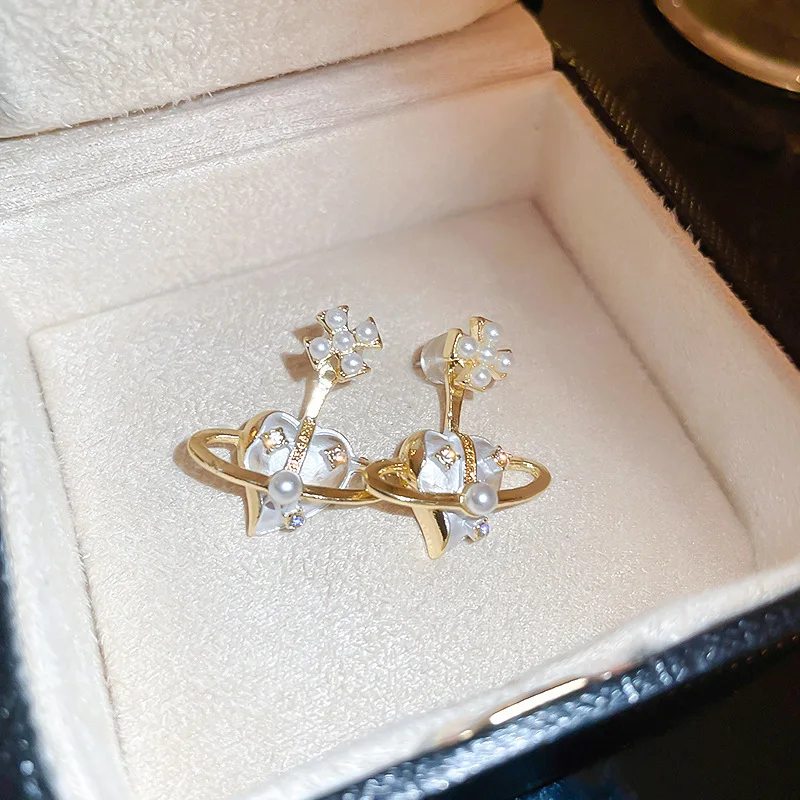 

Silver Needle set diamond love Pearl earrings 2023 Fashion retro cross trend stud temperament sweet earring female