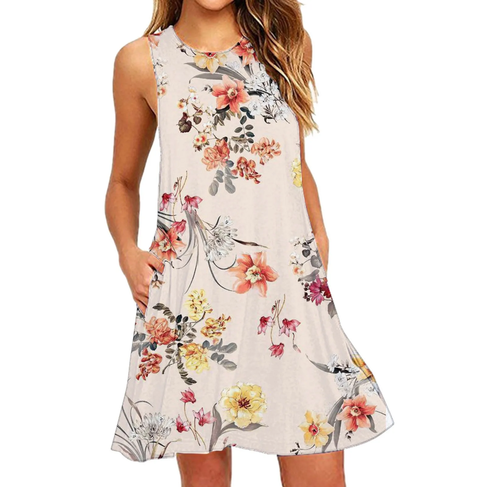 

Vintage Floral Printed Sundress Women Summer Sleeveless Round Neck Knee Length Dress Bohemian Beach Holiday Tanks Vestidos