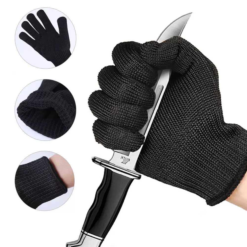 

2023NEW Pair Black Steel Wire Metal Mesh Gloves Safety Anti Cutting Wear Resistant Kitchen Butcher Working Gloves Garden Self De