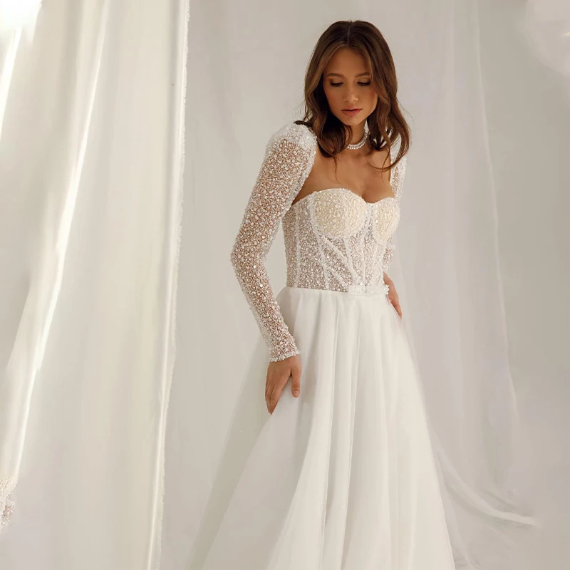 

Vintage Stunning Beaded Sequined A Line Wedding Dresses Sweetheart Soft Tulle Boho Bridal Gowns vestidos de novia