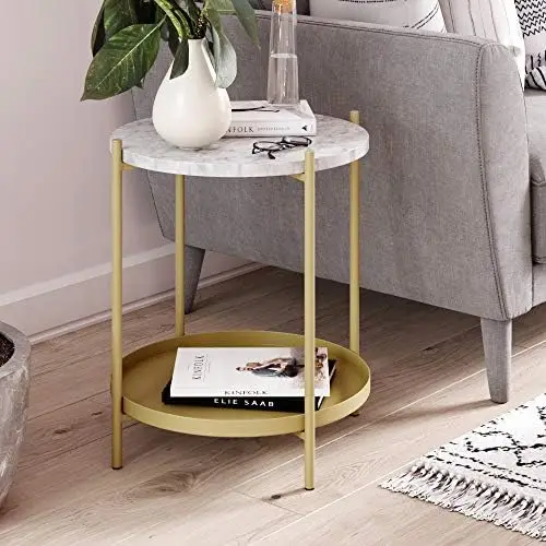

Round Modern Accent, End Table with Metal Legs and Faux-Marble Tabletop for Living Bedroom and Nursery Room, 20 in x 20 in x 23