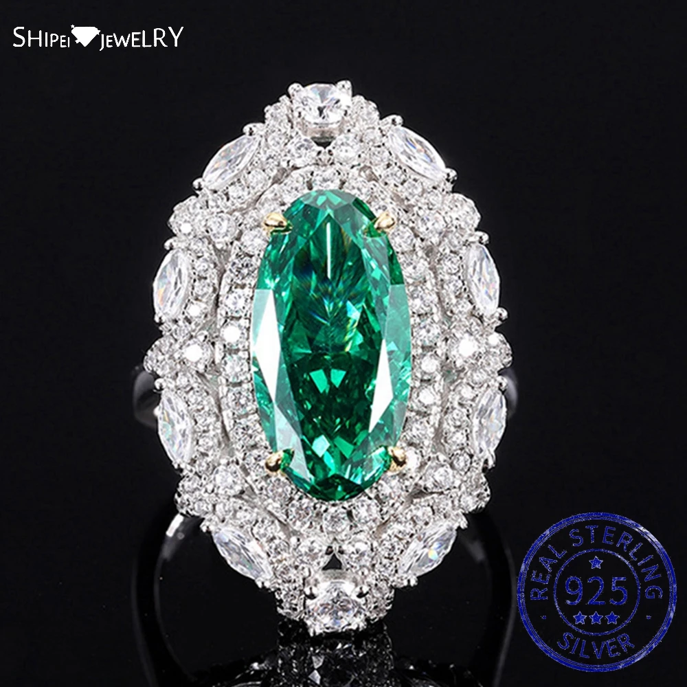 

Shipei Elegant 100% 925 Sterling Silver Oval 8*16 MM Created Moissanite Emerald Gemstone Engagement Fine Jewelry Ring For Women