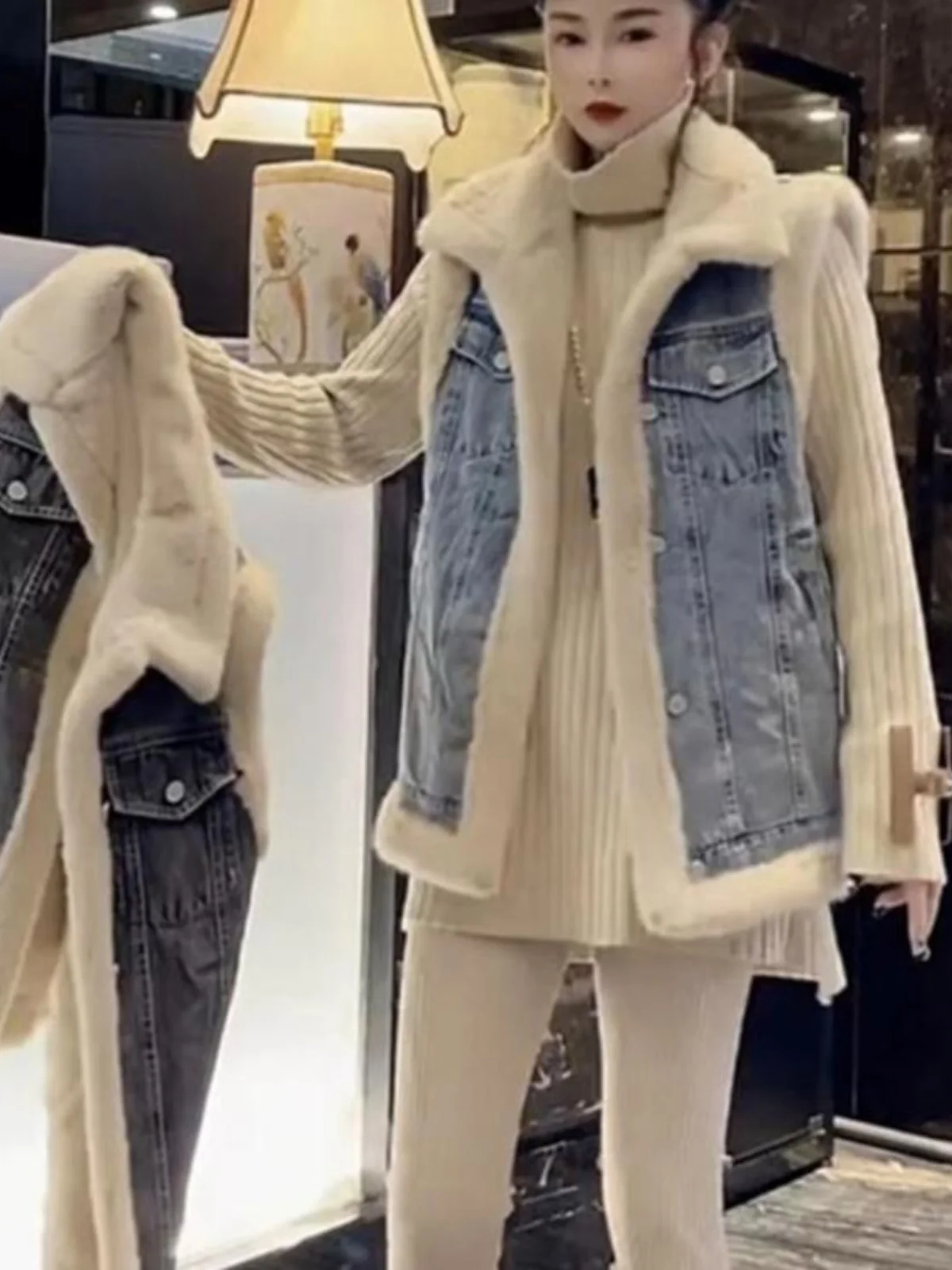 Лоскутный джинсовый жилет из овечьей шерсти с лацканами женский осенне-зимний