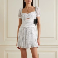 white boho dress for women sexy summer strapless short sleeve polka dot pleated chiffon dress beach holiday dress