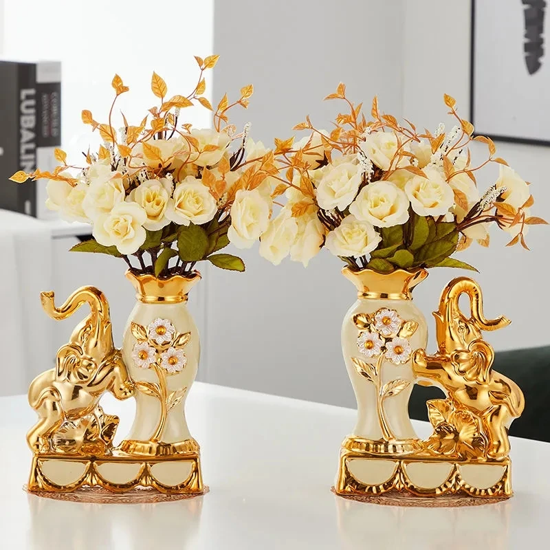 

Керамическая Золотая ваза в европейском стиле, композиция для обеденного стола, аксессуары для украшения дома, креативные золотые вазы со слоном