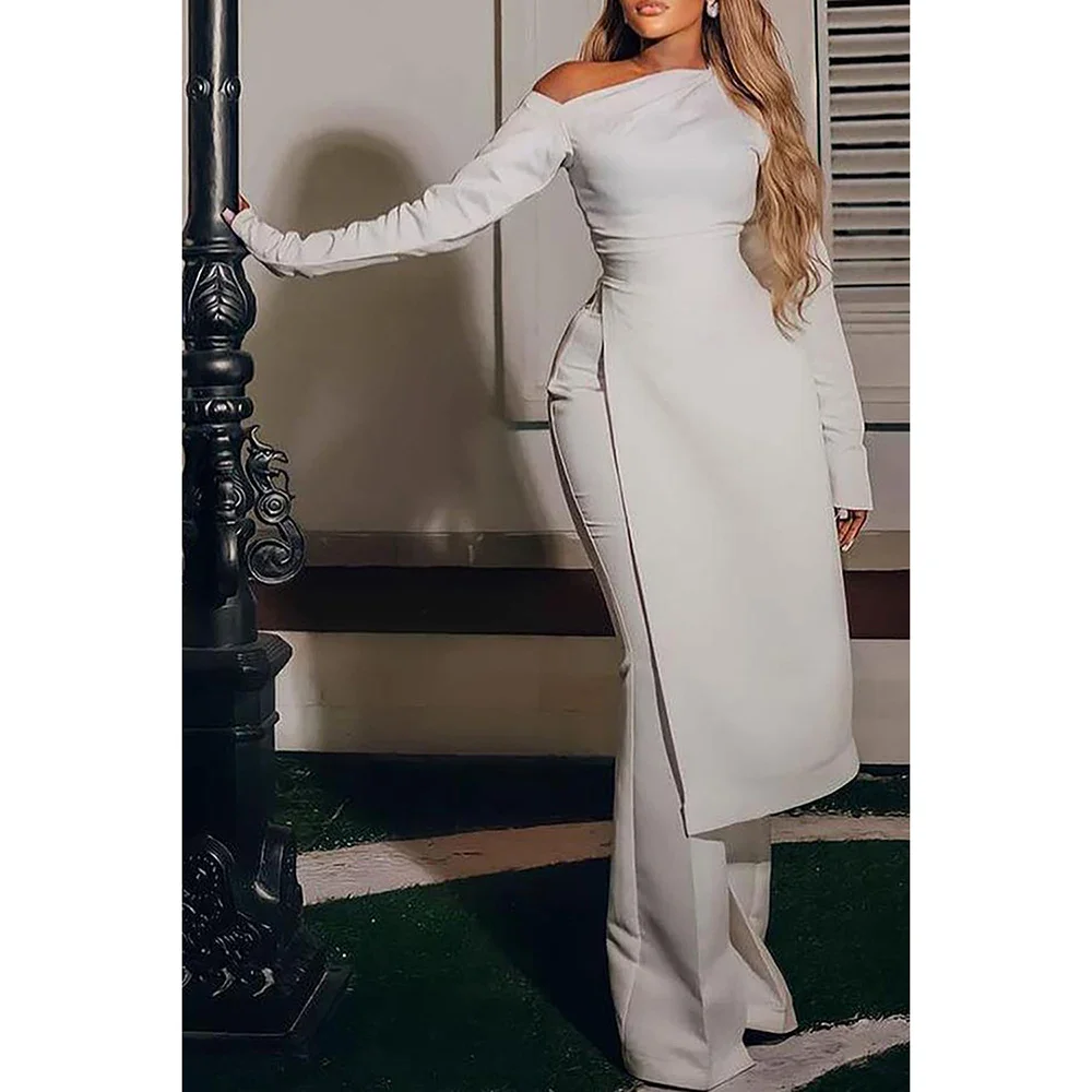 Женский белый полиэстеровый полуформальный брючный комплект plus size