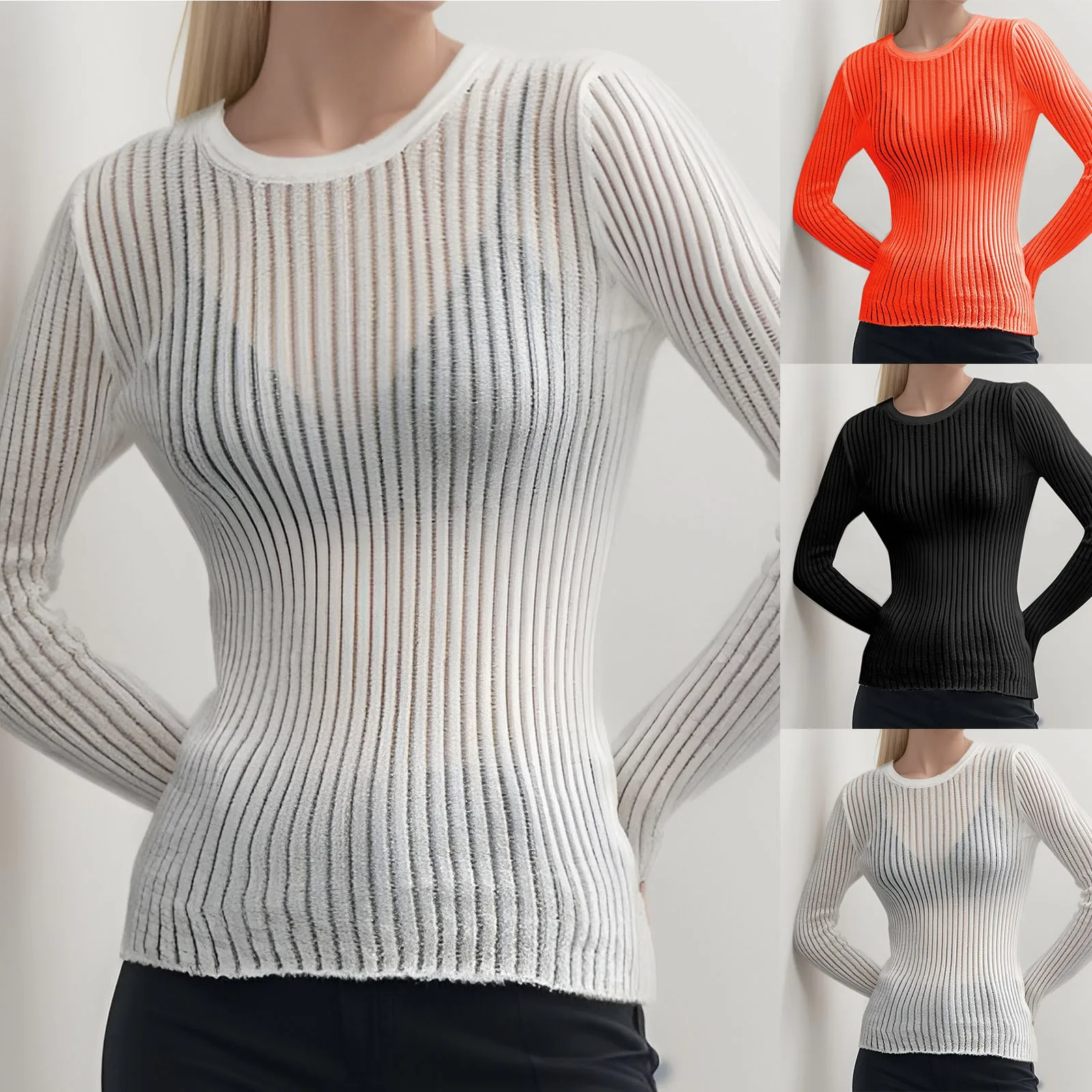 

Women'S Knitted T-Shirt Tops Knitwear Bottoming Shirt Transparent Mesh Cover Long Sleeve Crochet Thin Tops Breathable Beachwear