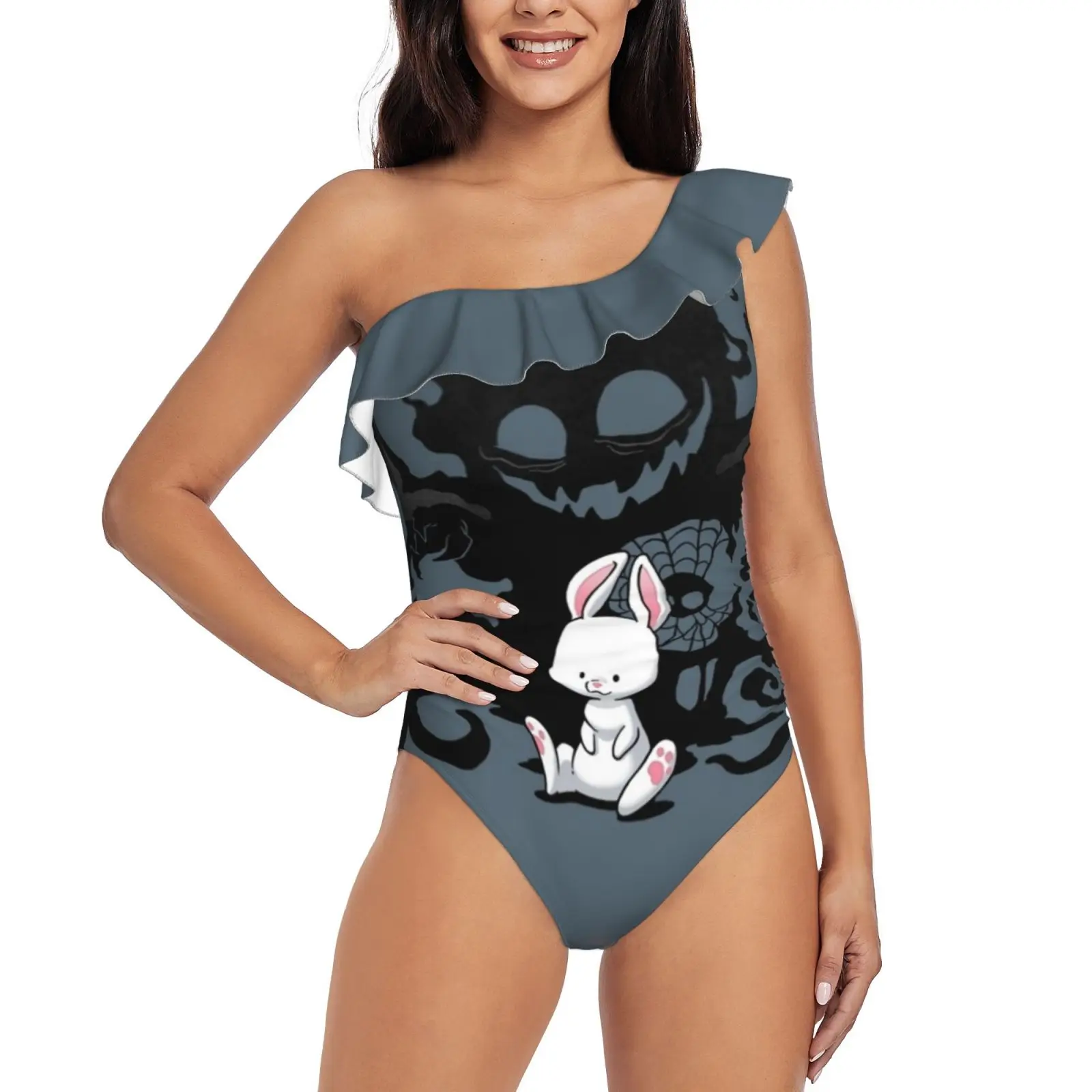 

Цельный пляжный купальник Beast Bunny на одно плечо с оборками, привлекательный женский купальник с принтом, кроличьи монстры, жуткий костюм на Х...