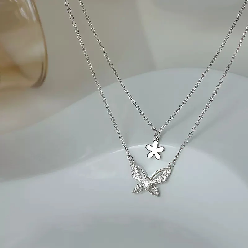 Женское Двухслойное колье из серебра 925 пробы с блестящими бриллиантами