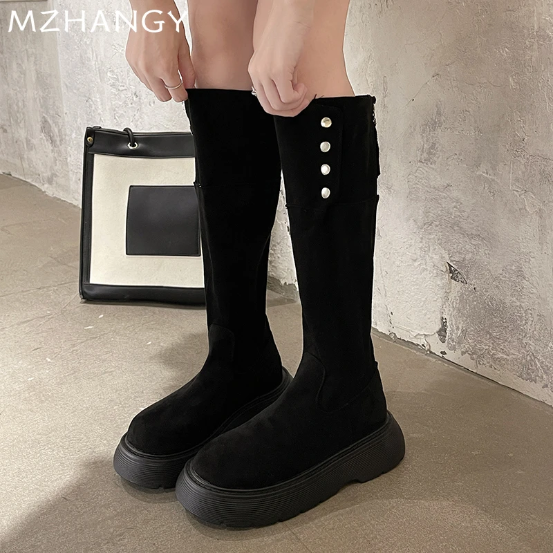 Женские замшевые сапоги на платформе теплые Дизайнерские Сапоги до колена