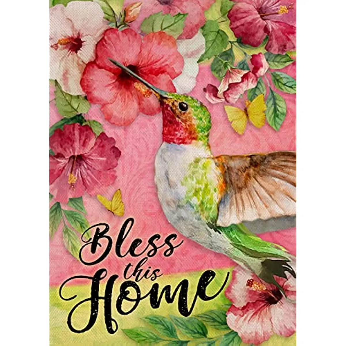 

Bless this Home Spring Decorative Garden Flag Hummingbird, Watercolor Bird House Yard Hibiscus Flower Floral Outside Decoration