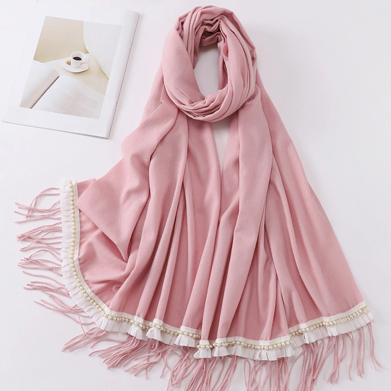 

Модный новый женский длинный шарф шарфы винтажный хлопковый льняной большой шаль Хиджаб элегантный чистый жемчужный кружевной шейный платок с кисточками