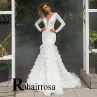 ruhair sexy and gorgeous wedding dresses long sleeves fish tail backless v neck lace made to order robe vestido de casamento