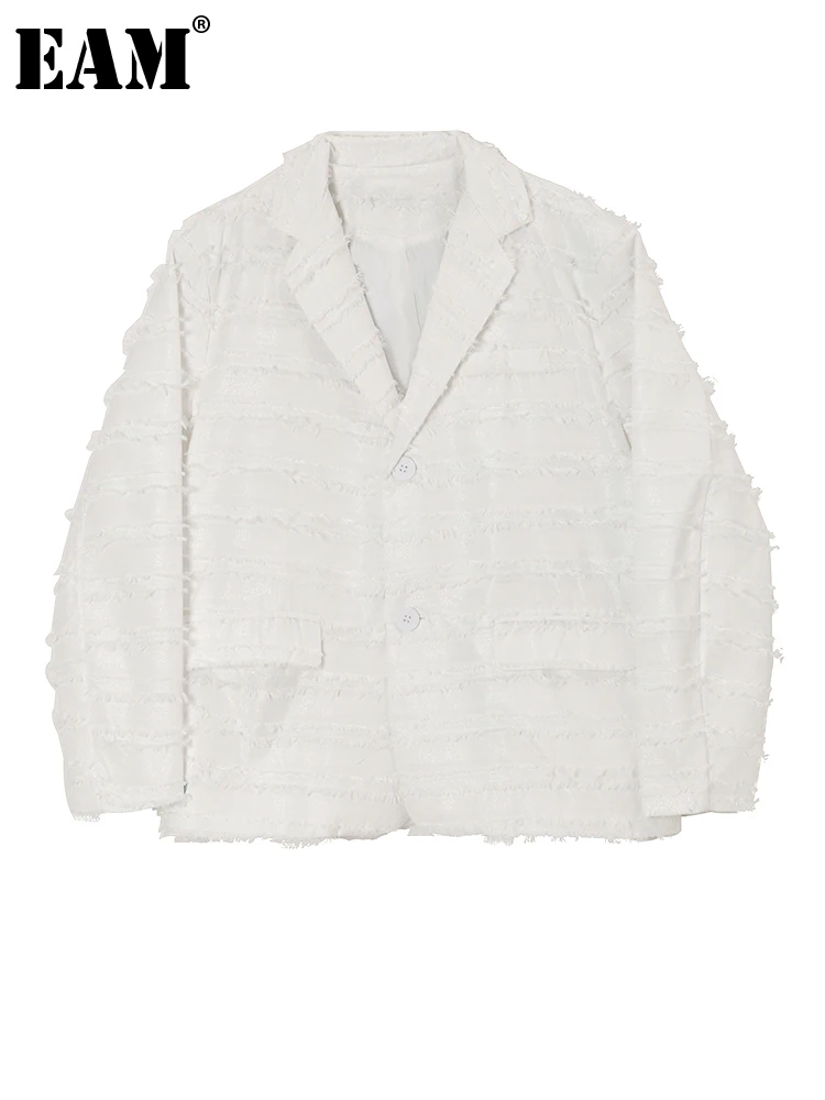 

[EAM] Women White Tassels Big Size Casaul Blazer New Lapel Long Sleeve Loose Fit Jacket Fashion Tide Spring Autumn 2023 1DF2998