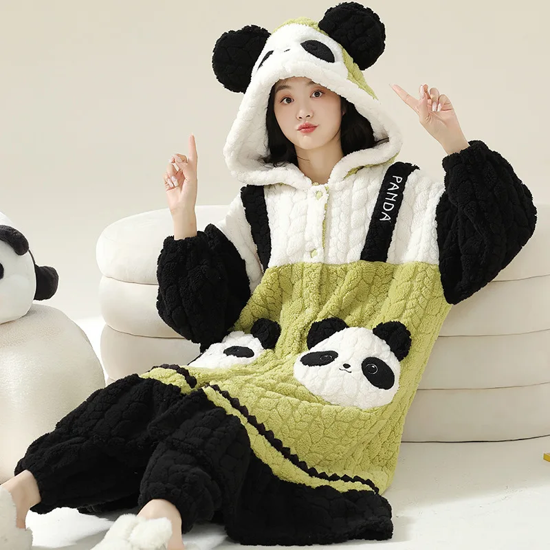 Panda Cartoon Cute Winter Warm Nightwear for Women Coral Fleece Robe &amp Pant 2Pcs/set Sleepwear with Hood Young Girl Mujer Pyjama