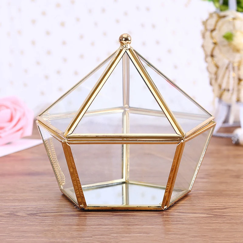 Copper Frame Geometric Shape Handicraft Glass Flower Room Small Pentagonal Open Lid Jewelry Box