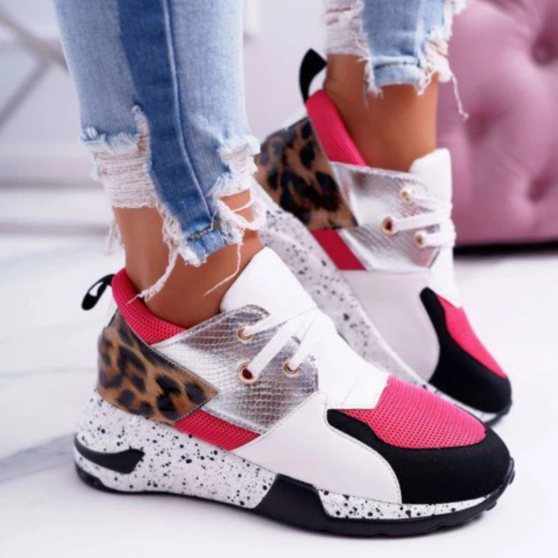 

New Women's Sneakers Colorblock Leopard Wedge Platform Casual Shoes Lace-Up Comfort Walking Vulcanized Flats Zapatillas Sneakers