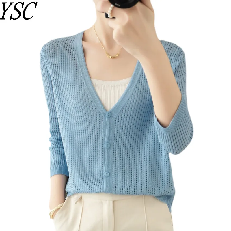 

New pattern Women Knitted Ice Silk Cardigan V collar Thin style loose Hollow out style High-quality pleasantly cool Cardigan